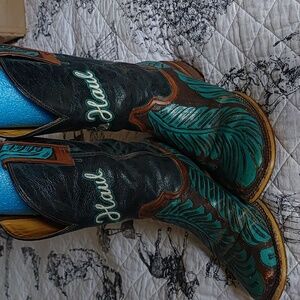 Tin Haul turquoise feather boots